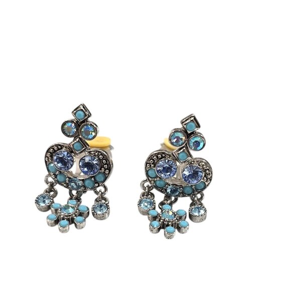 Vintage Kirk Folly Women's Silver Tone Blue Crystal Turquoise Clip Earrings - Picture 1 of 5